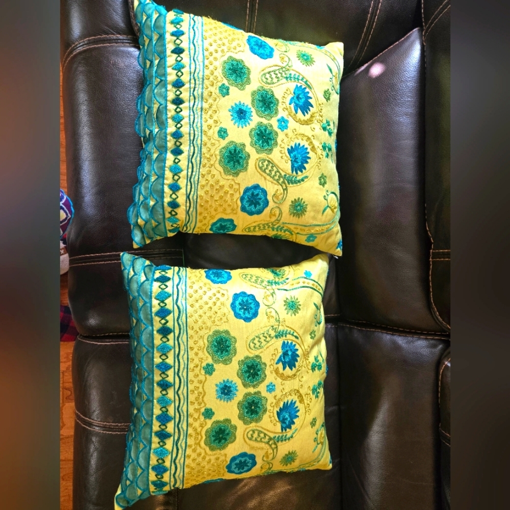 Lime Green & Teal Embroidered Decorative 2 Toss Pillow Covers - Picture 2 of 7
